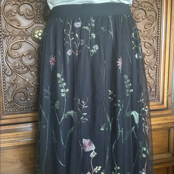 Black Tulle Embroidered Floral Maxi Skirt Romantic Sheer Overlay Boho NWOT Large - Picture 5 of 17